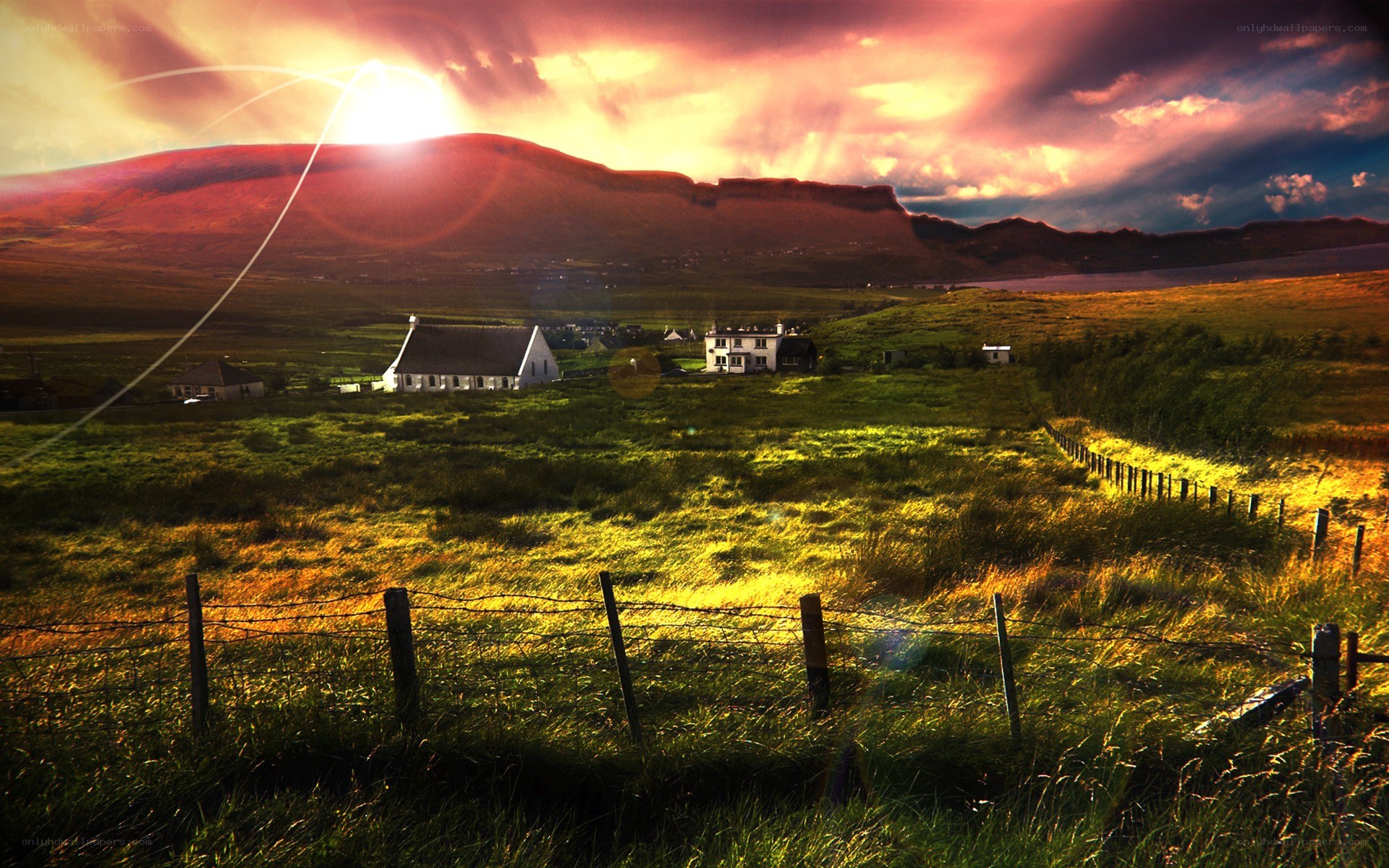 Sunset over a rural village