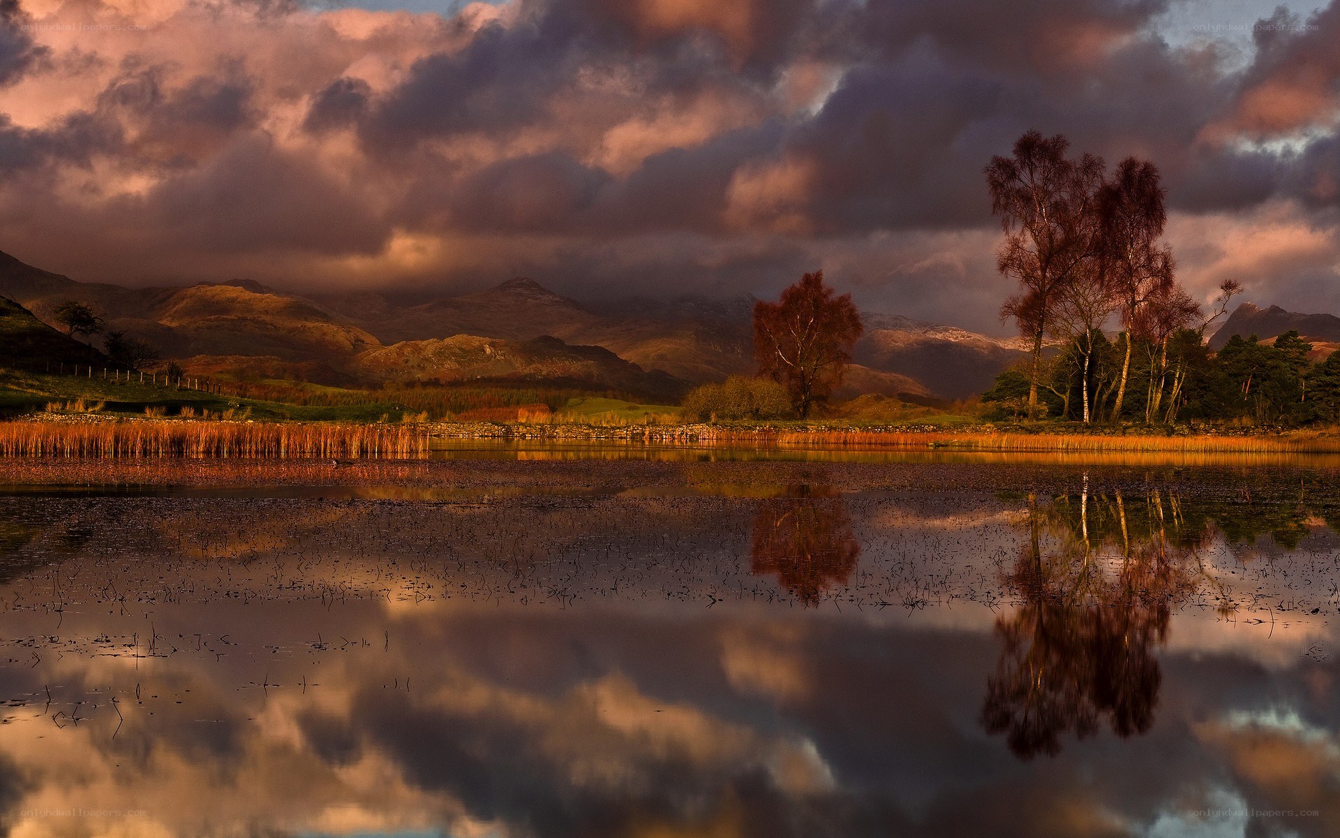 Sunset over a serene lake