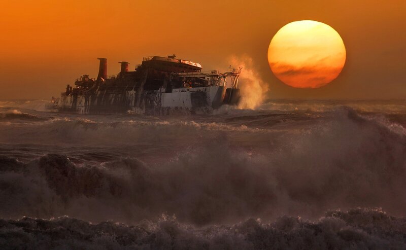Sunset over a shipwreck