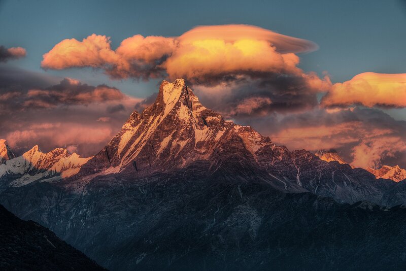 Sunset over a snow-capped mountain