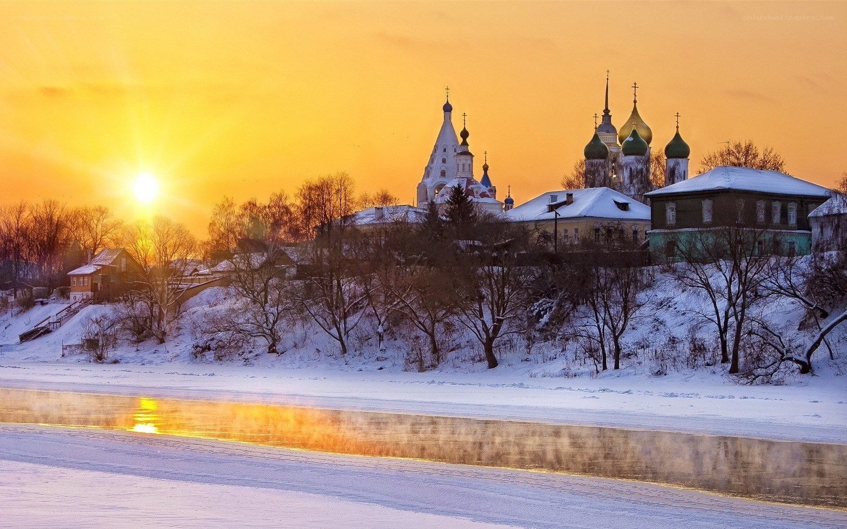 Sunset over a snowy Russian town