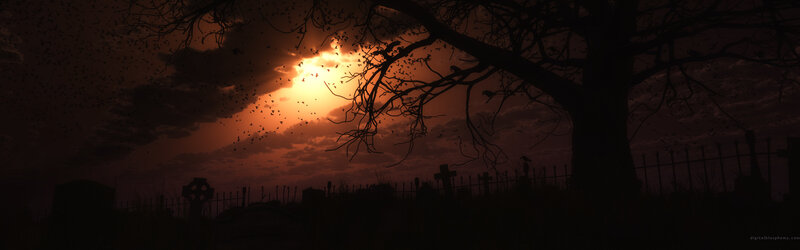 sunset over a spooky graveyard