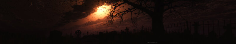 sunset over a spooky graveyard