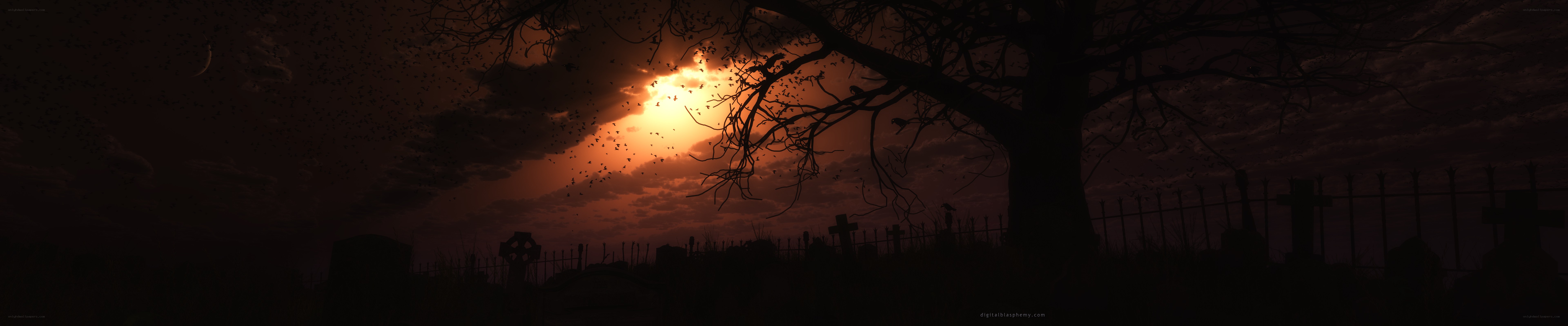 sunset over a spooky graveyard
