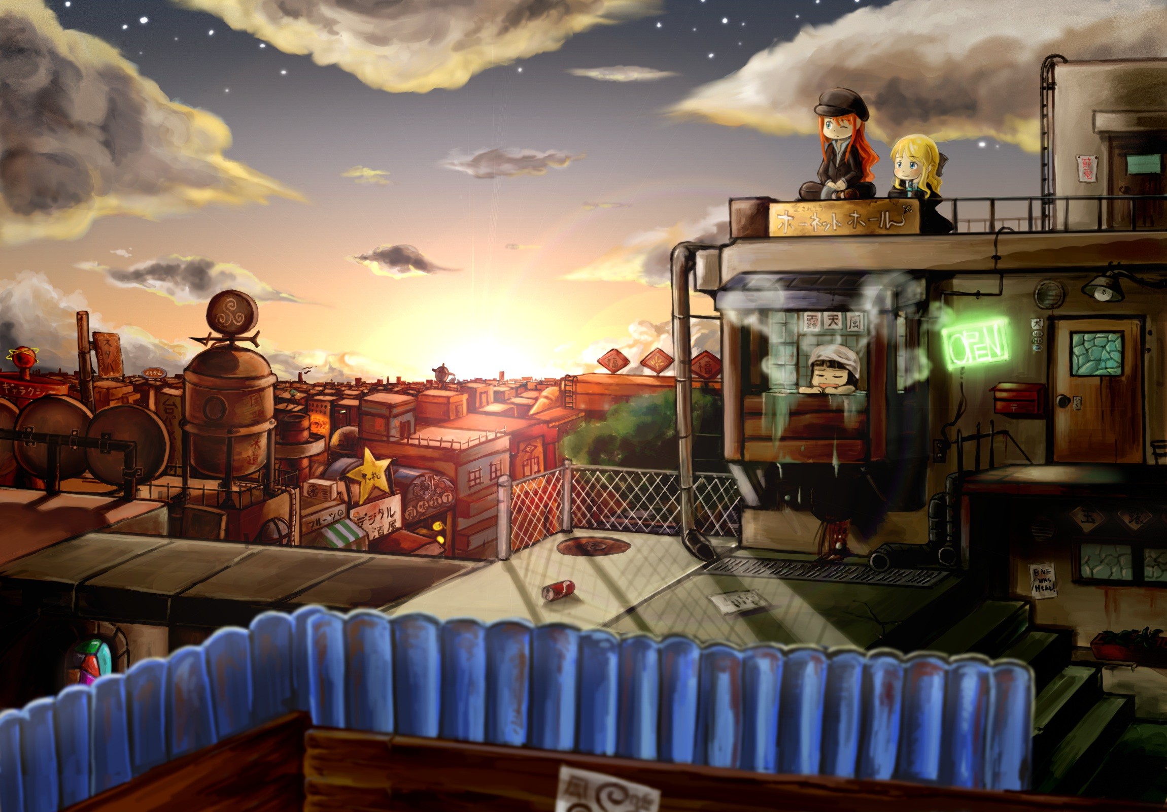 Sunset over a steampunk city