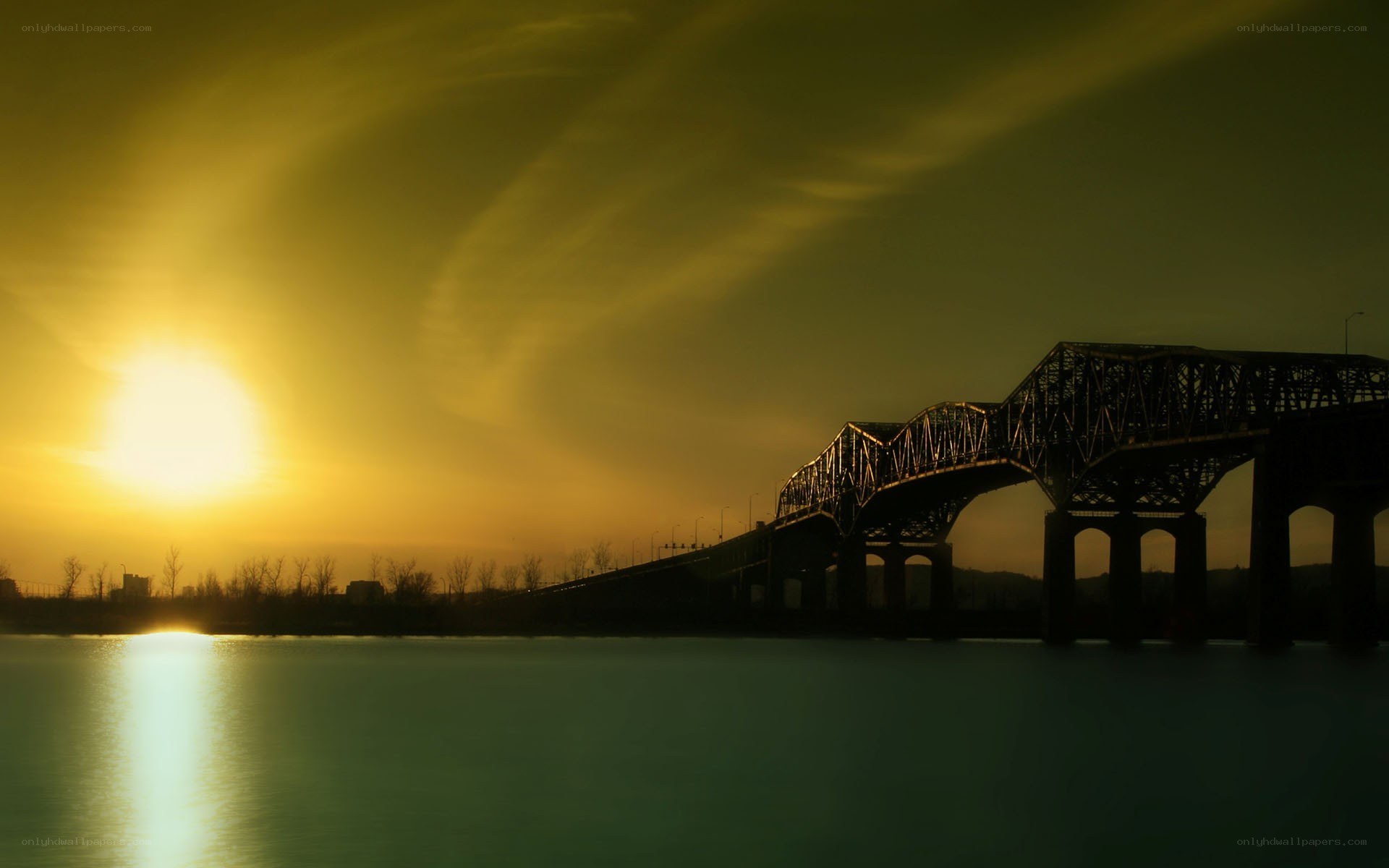 Sunset over a steel bridge
