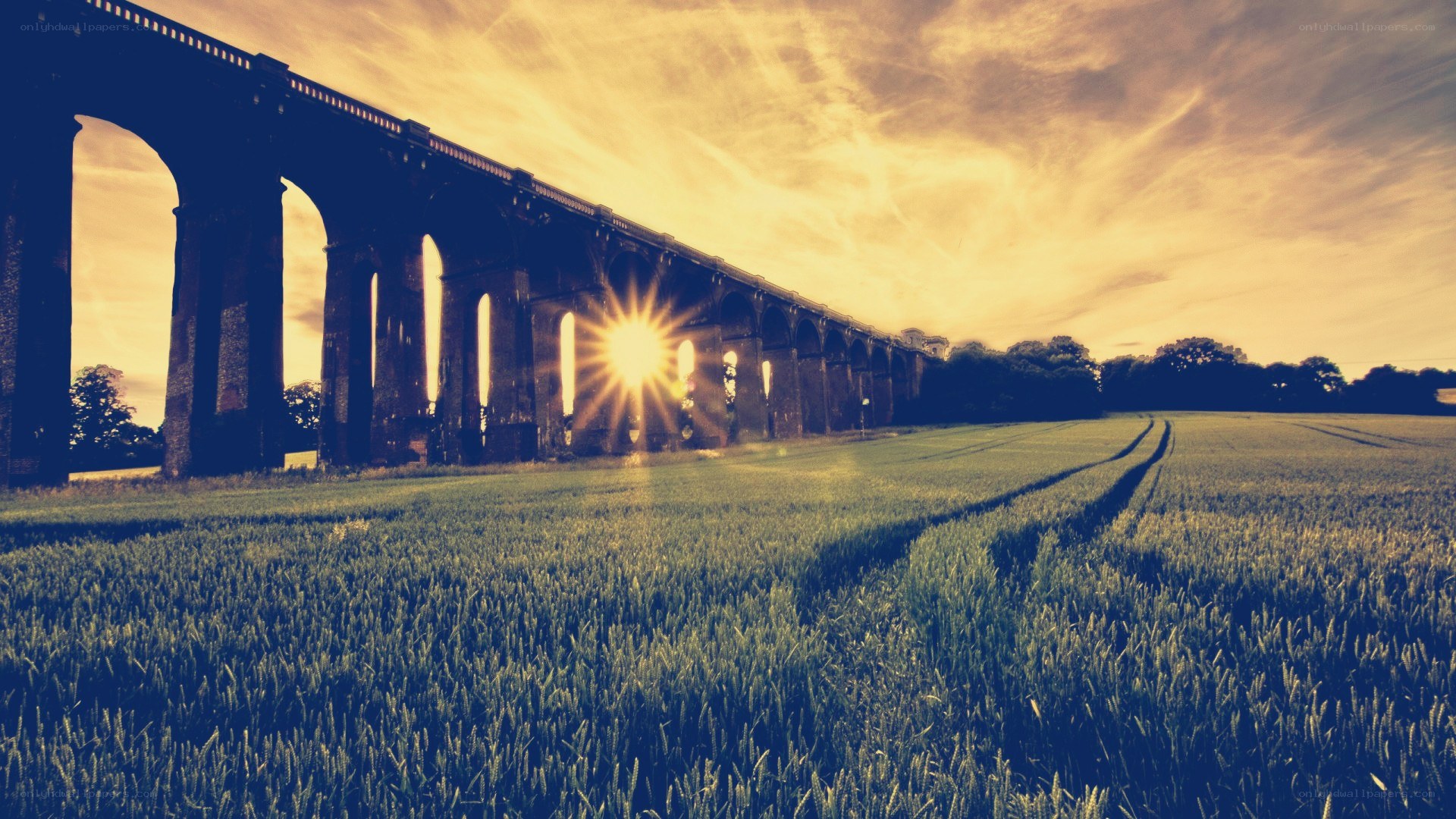 Sunset over a stone viaduct