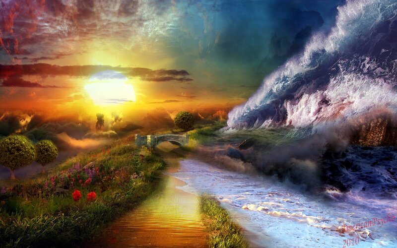 Sunset over a surreal landscape