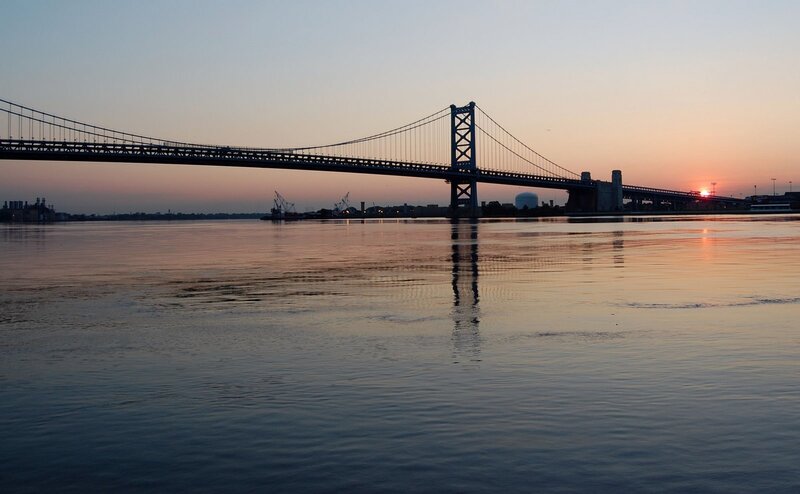 sunset over a suspension bridge
