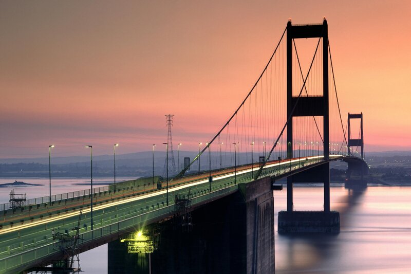 Sunset over a suspension bridge