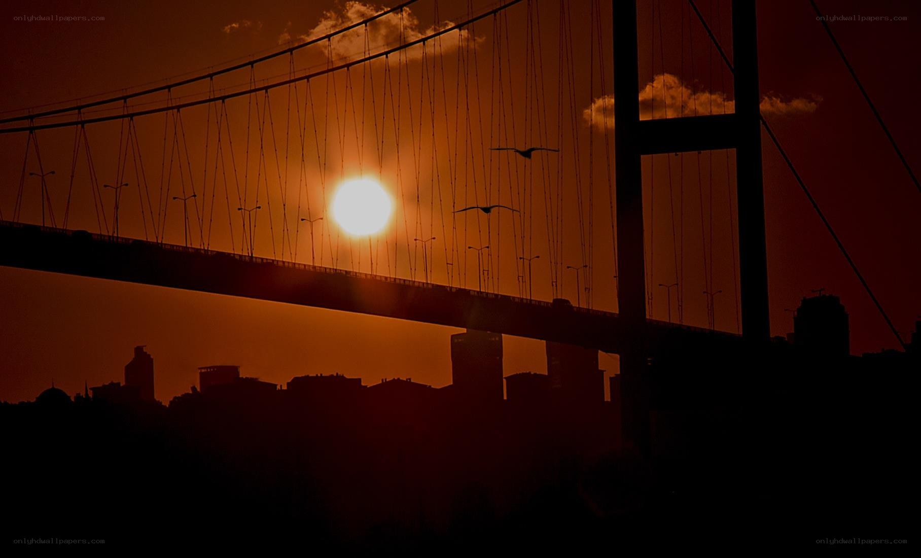 Sunset over a suspension bridge