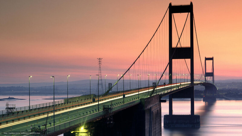Sunset over a suspension bridge