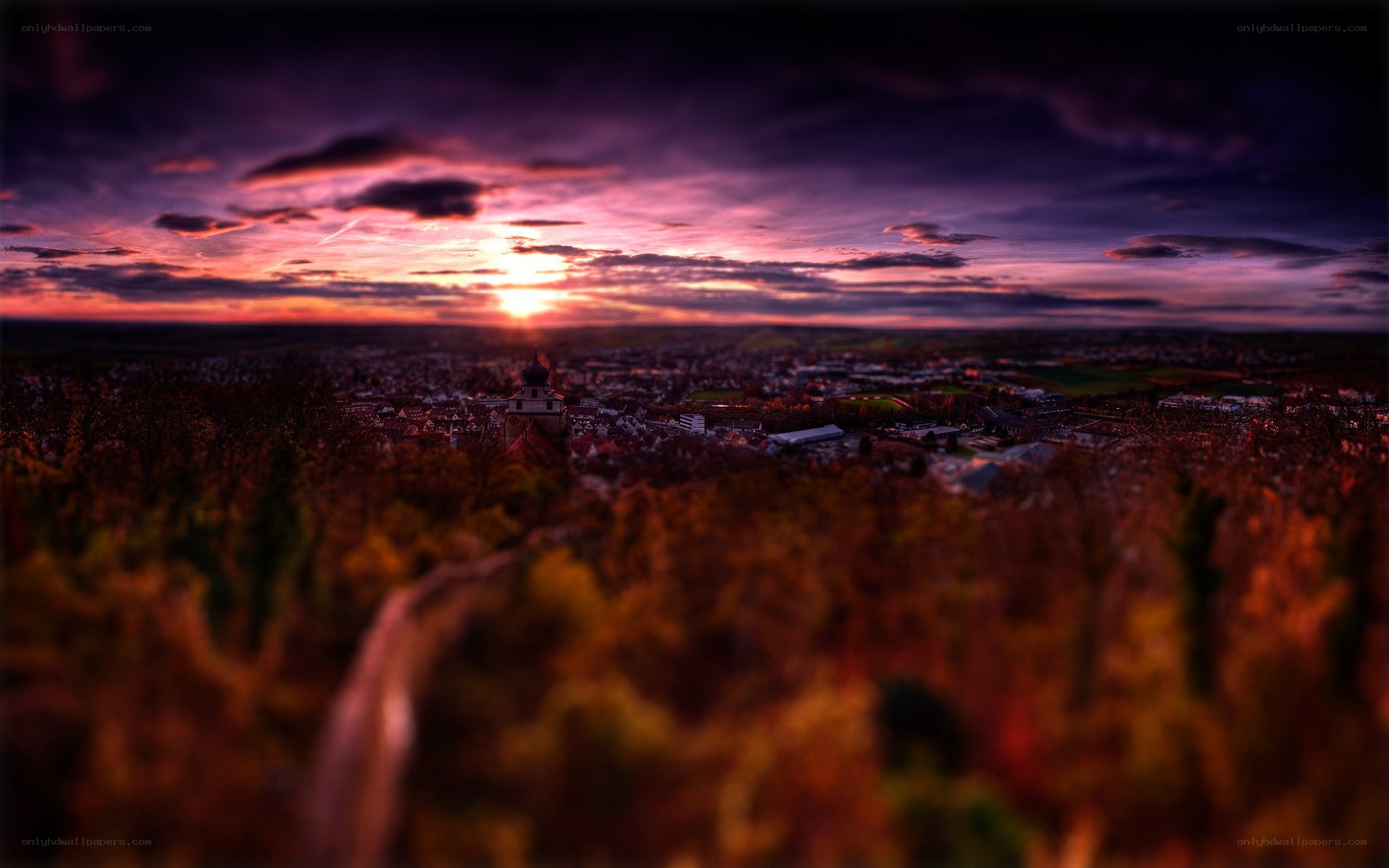 Sunset over a town