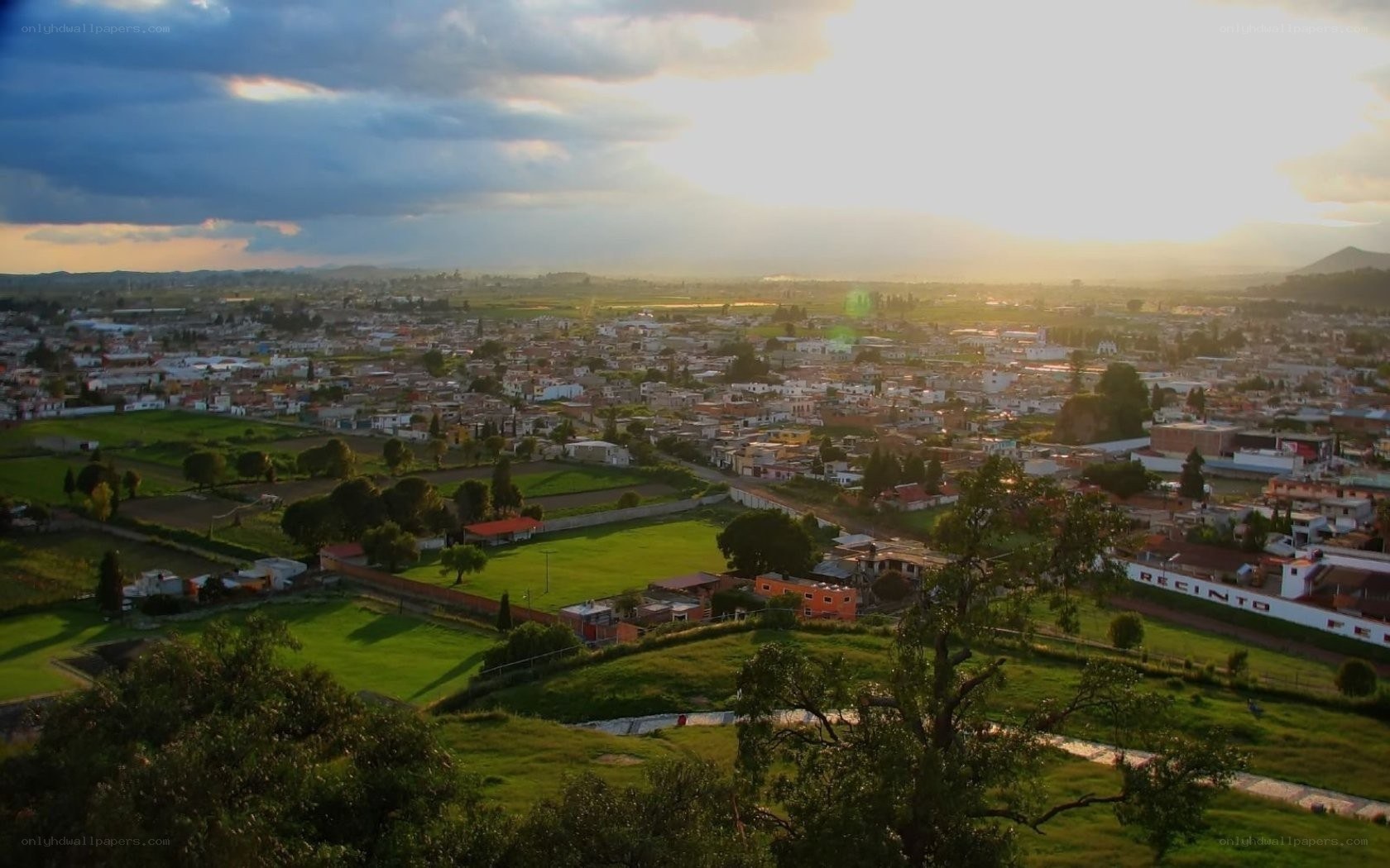 sunset over a town