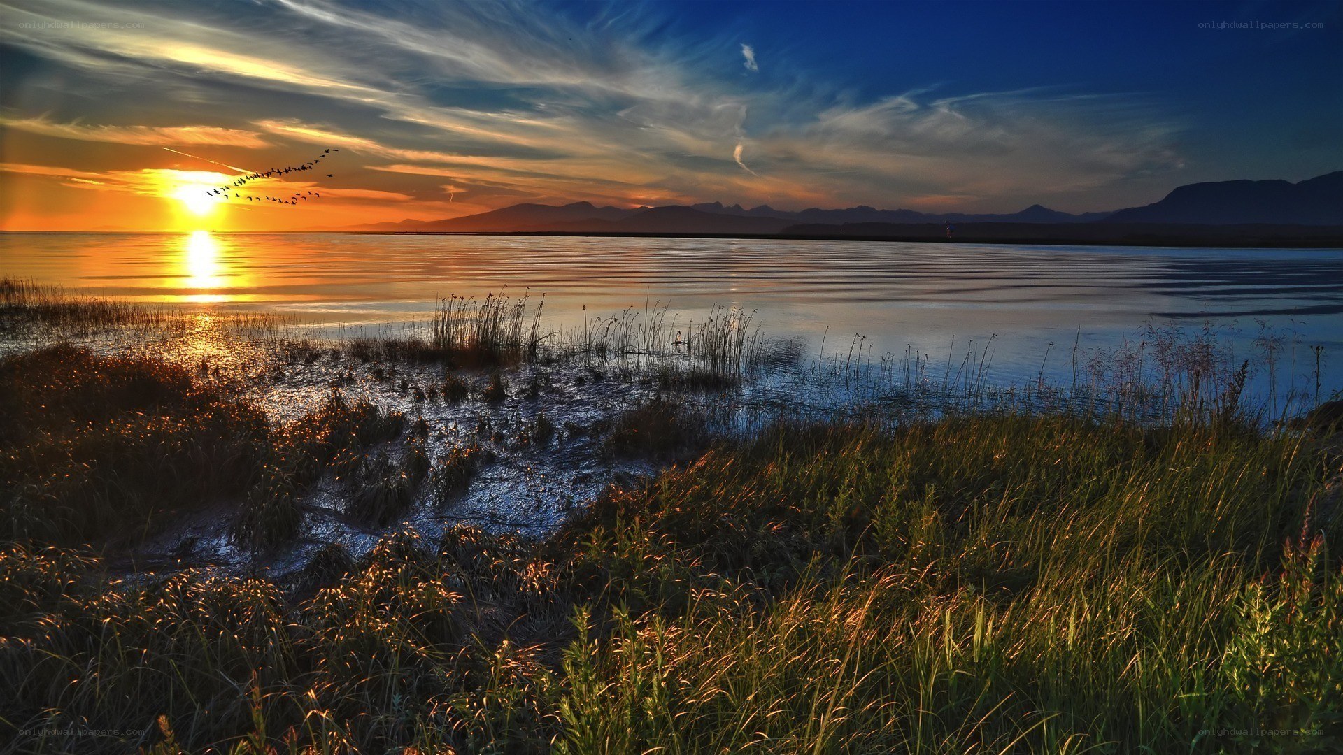 Sunset over a tranquil lake