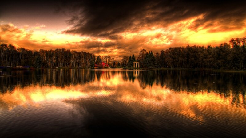 Sunset over a tranquil lake
