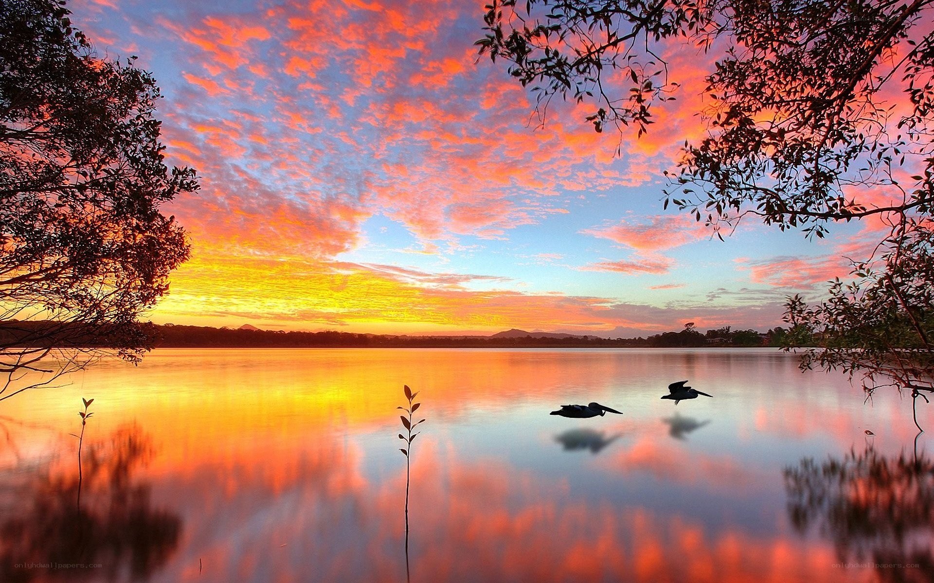 Sunset over a tranquil lake