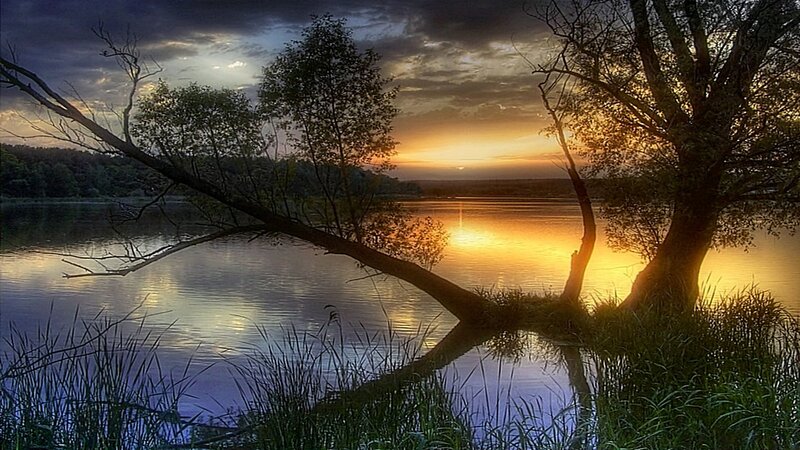 Sunset over a tranquil lake