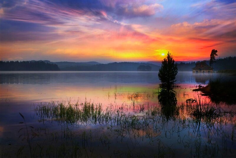 Sunset over a tranquil lake