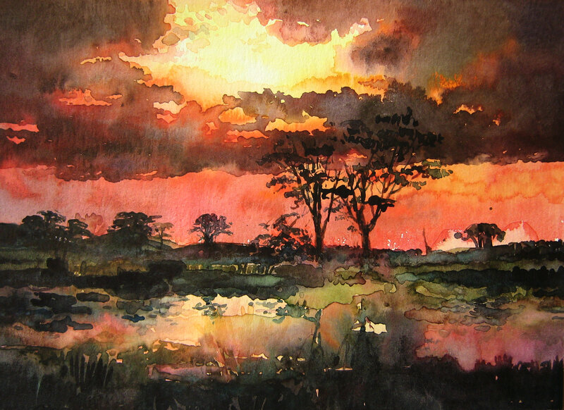 Sunset over a tranquil landscape