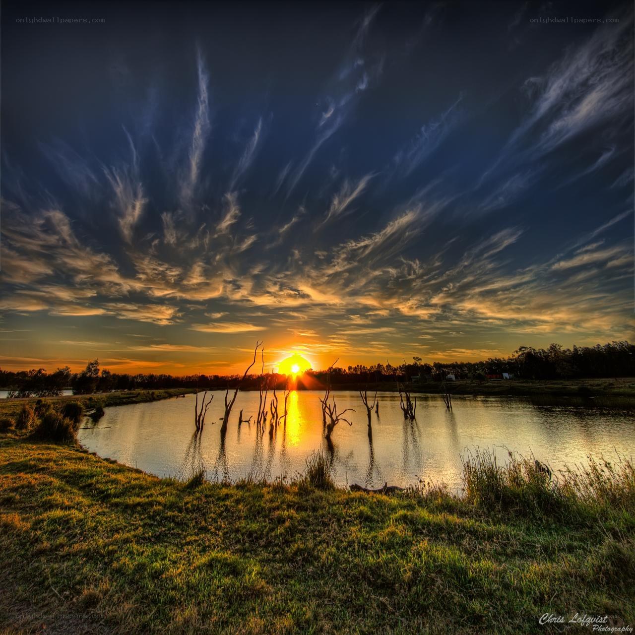 Sunset over a tranquil pond