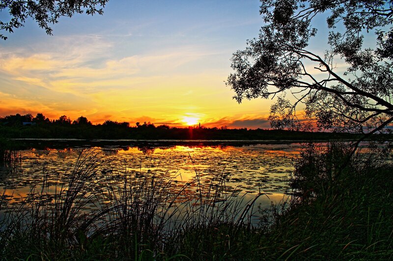 Sunset over a tranquil pond