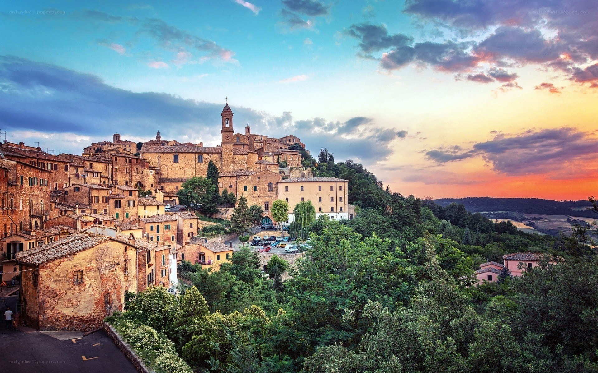 Sunset over a Tuscan hill town