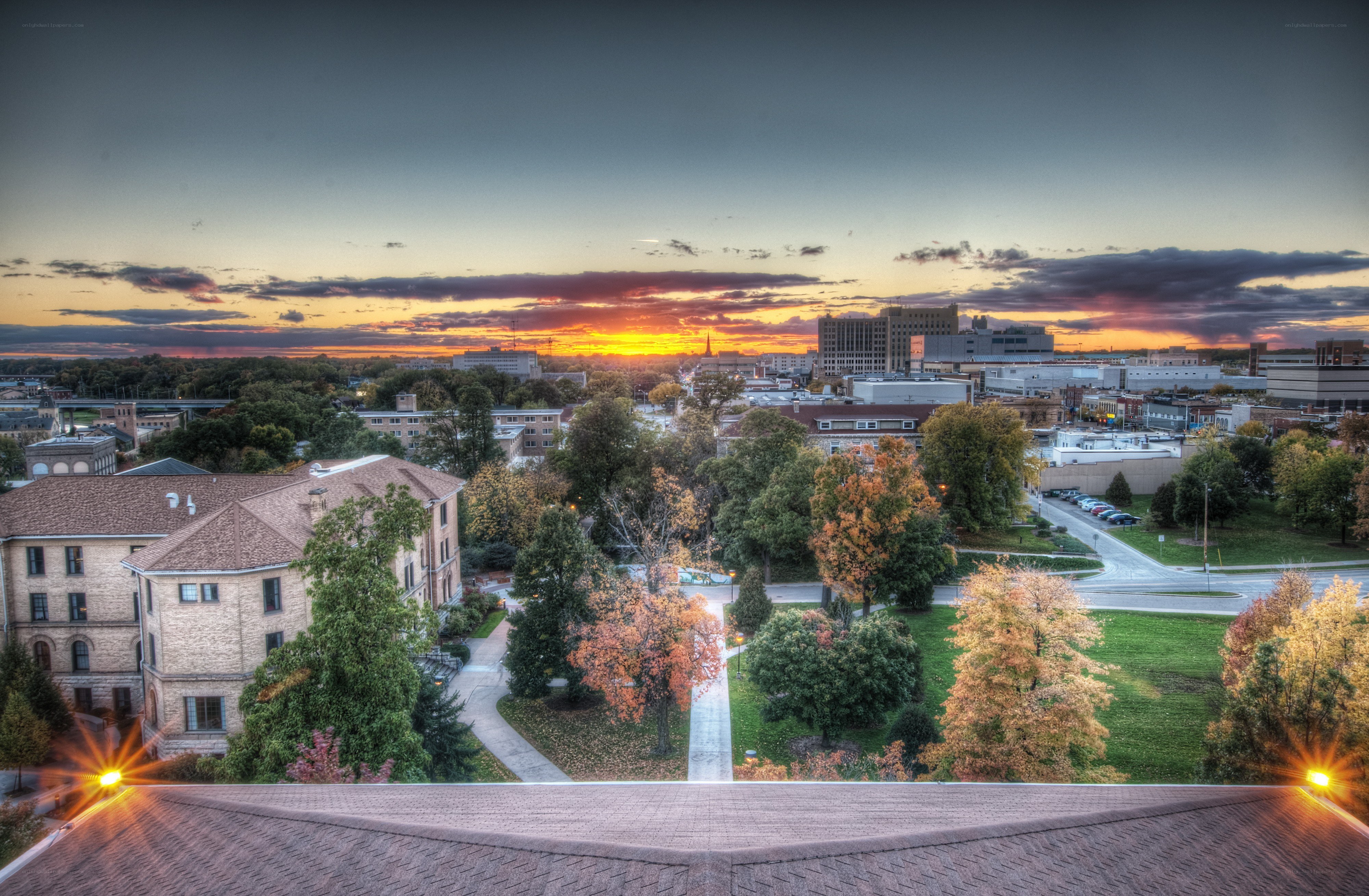 Sunset over a university campus