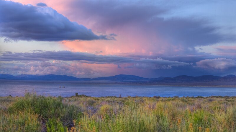 Sunset over a vast lake