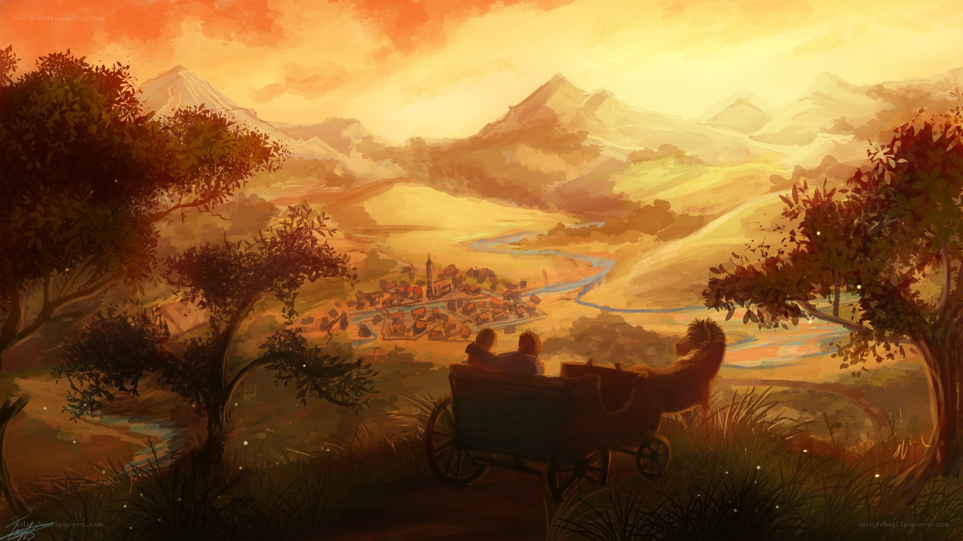 Sunset over a village landscape