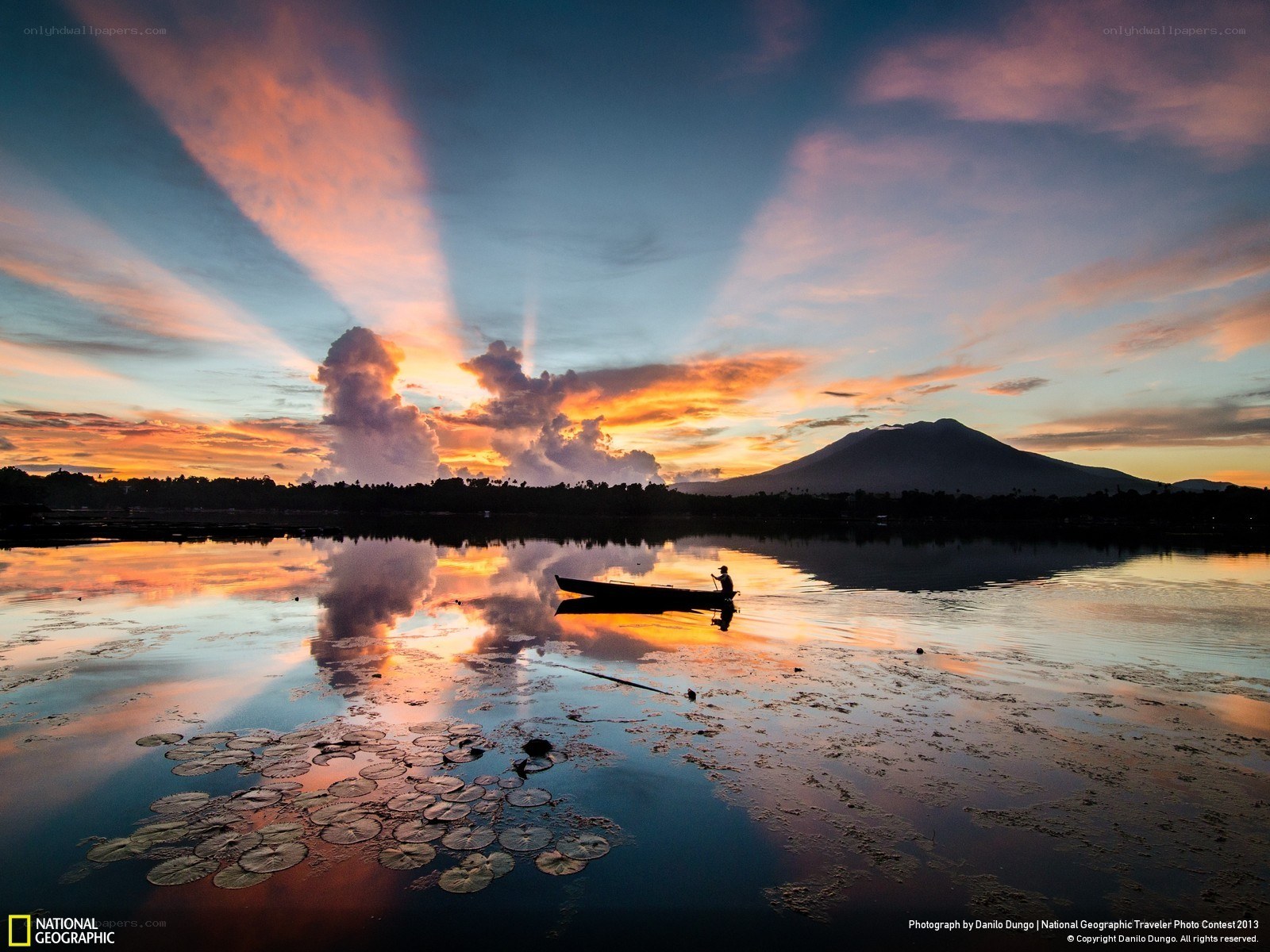 Sunset over a volcanic lake
