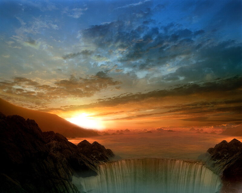Sunset over a waterfall canyon