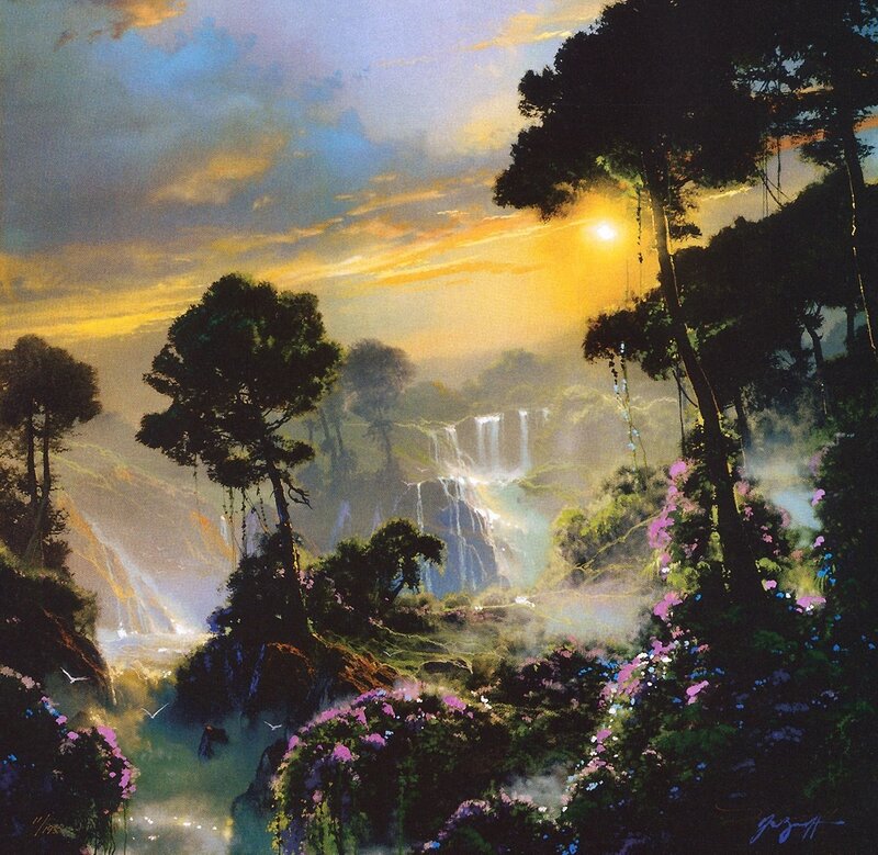 Sunset over a waterfall valley