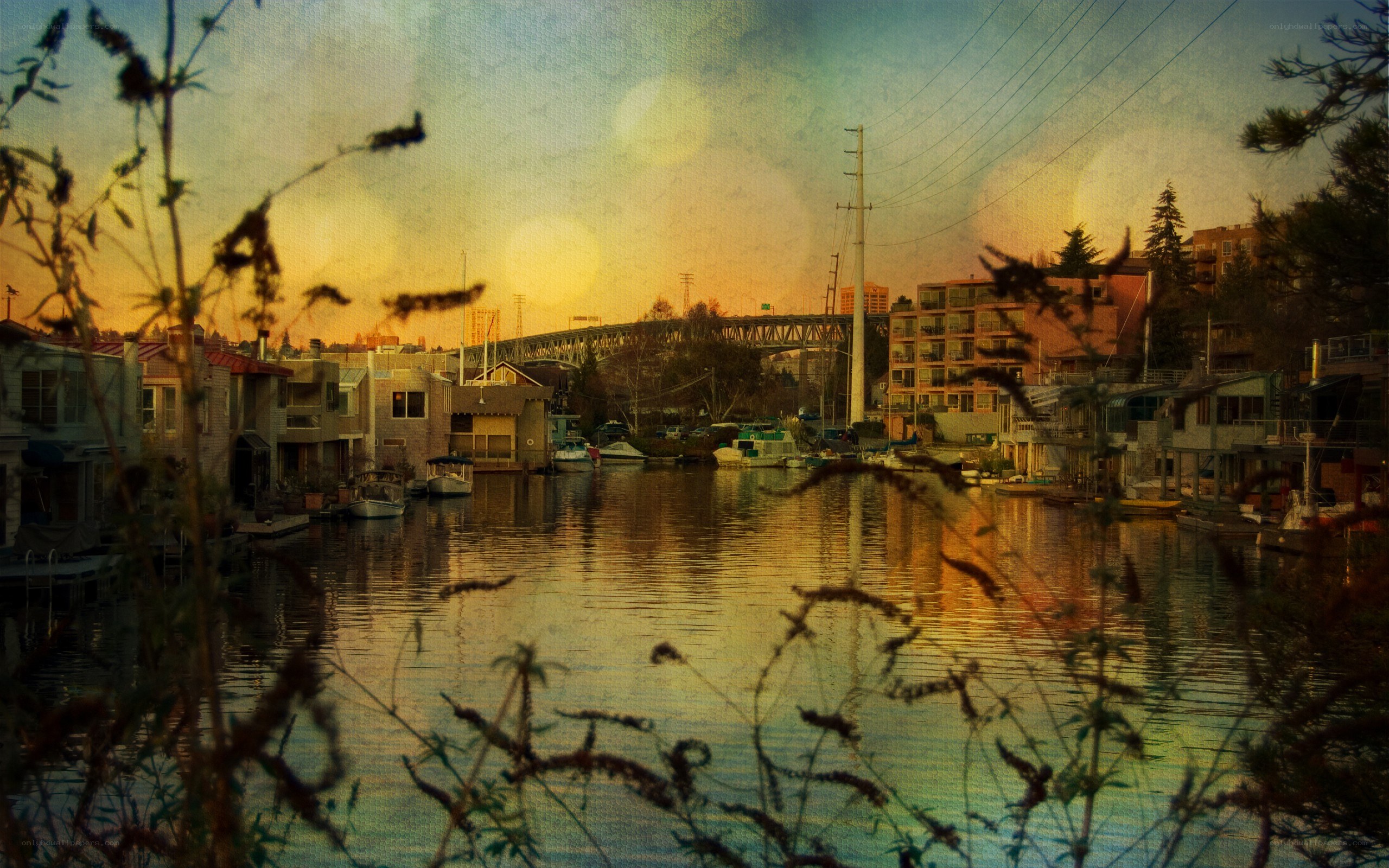 Sunset over a waterfront neighborhood