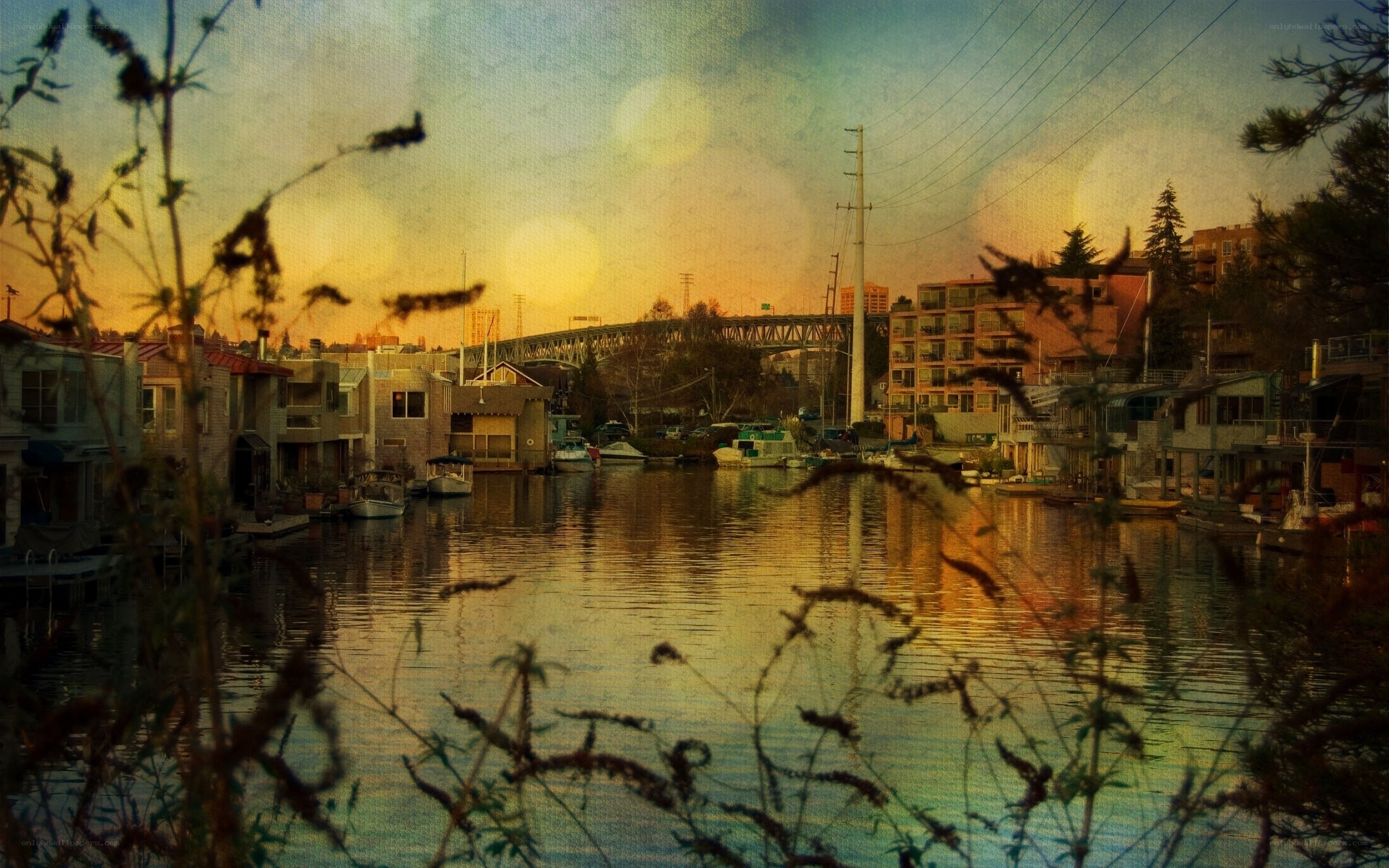 Sunset over a waterfront neighborhood