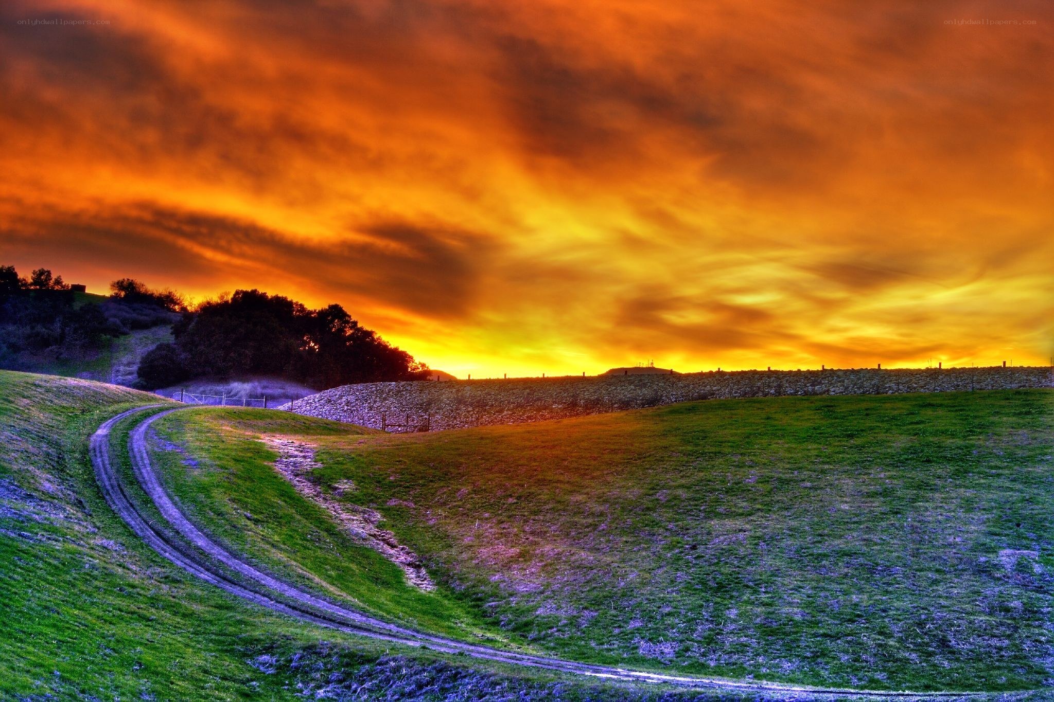 Sunset over a winding dirt road