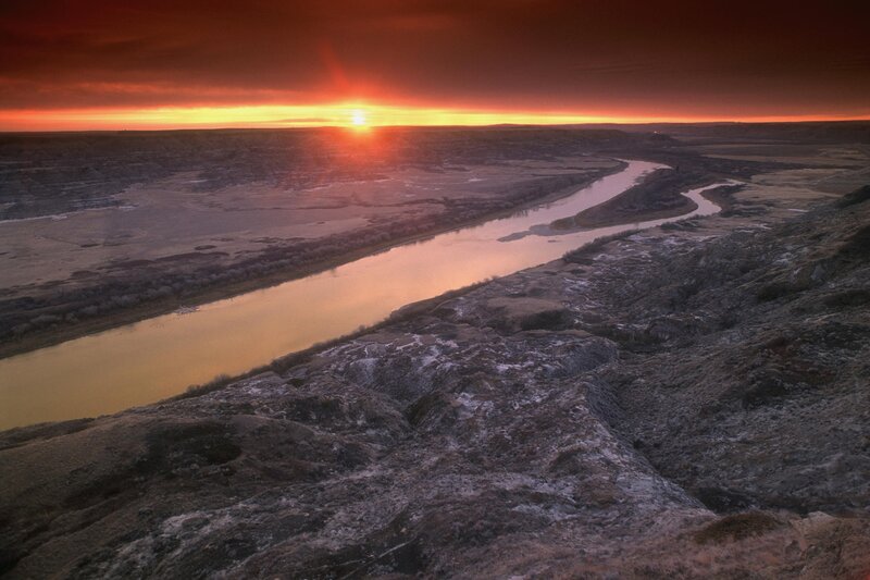 Sunset over a winding river