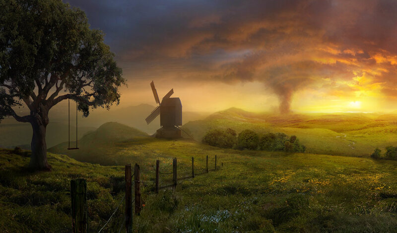 Sunset over a windmill hill