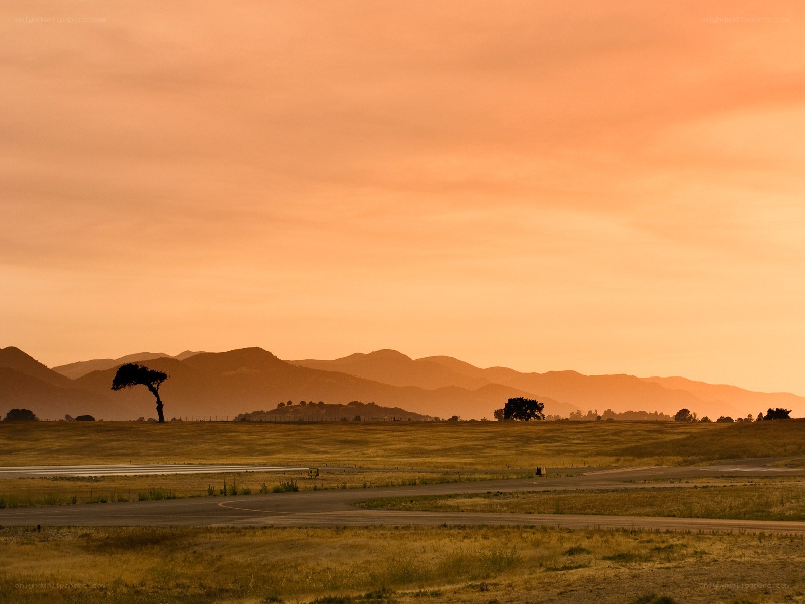 Sunset over airport runway
