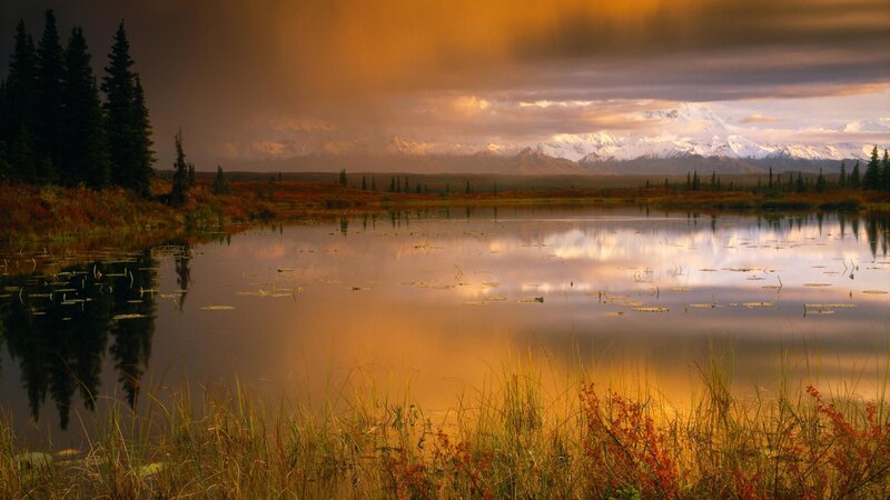 Sunset over alaskan lake