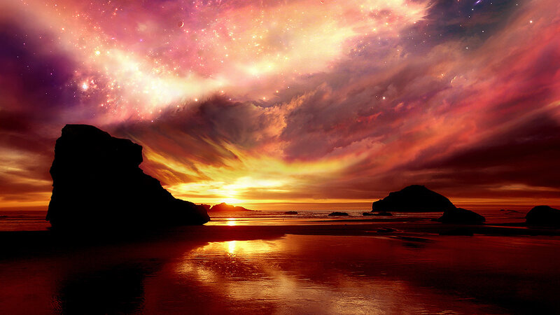 sunset over alien beach