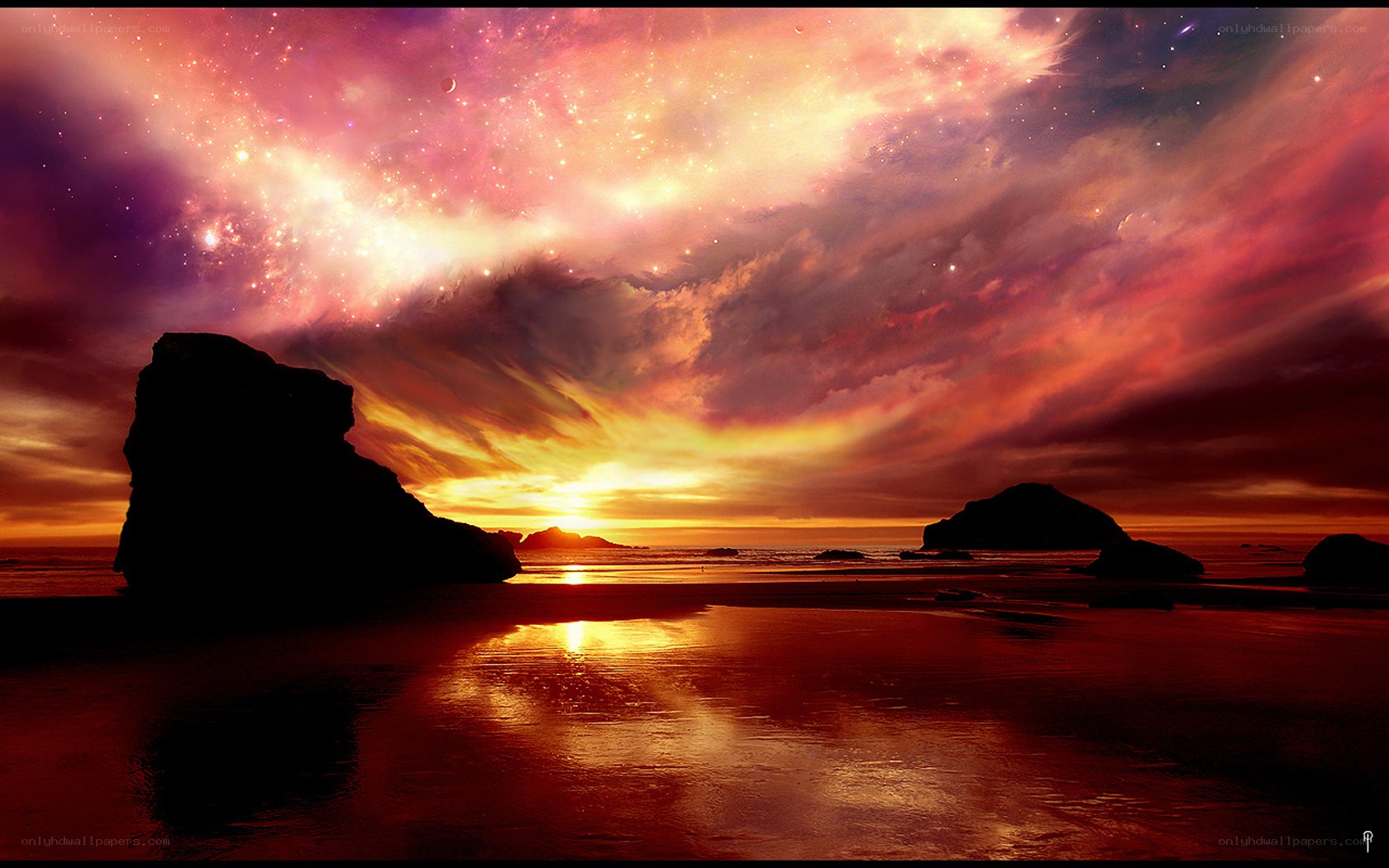 sunset over alien beach