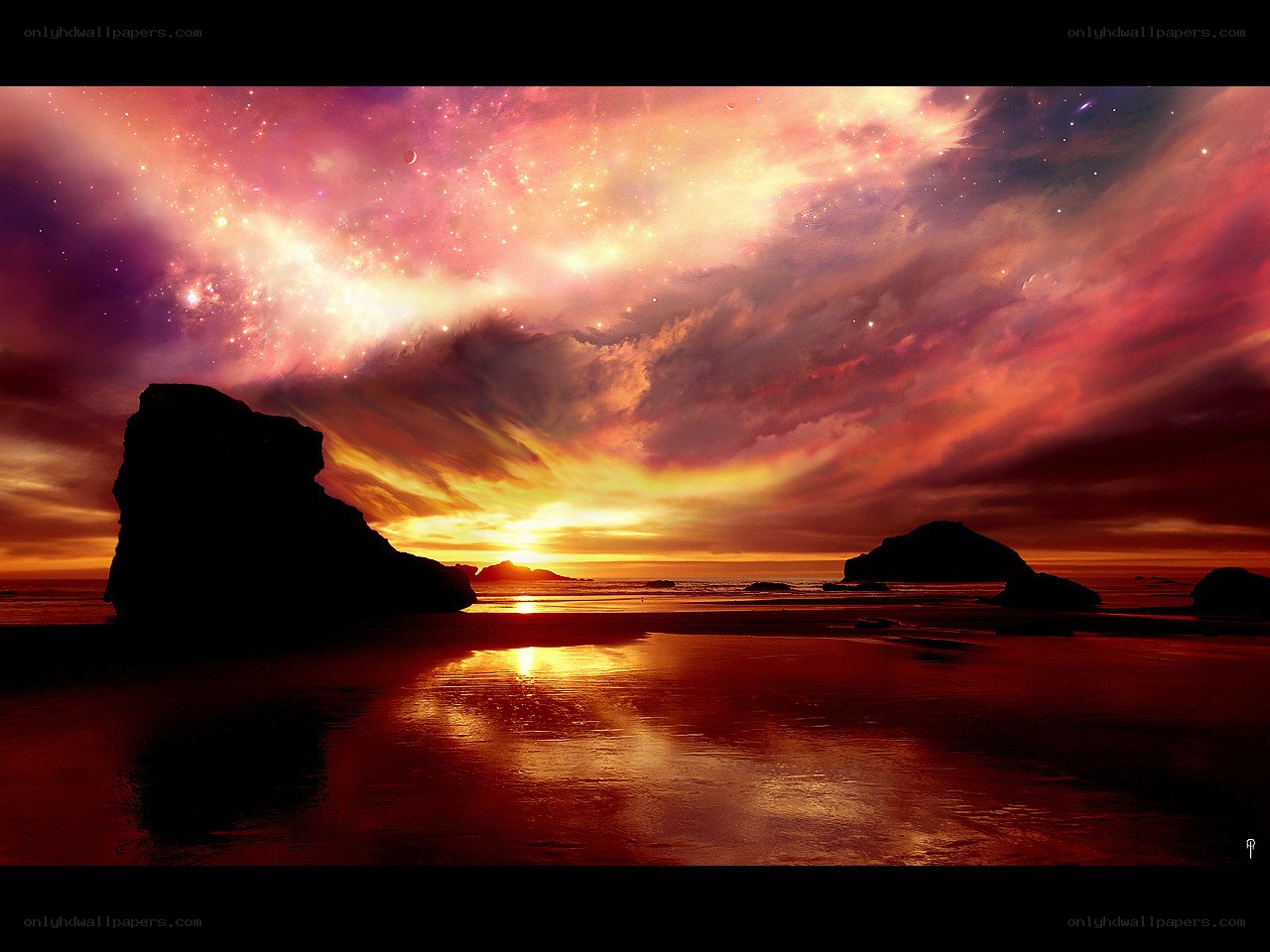 sunset over alien beach