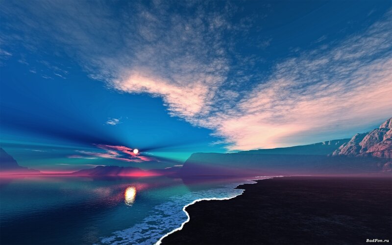 Sunset over Alien Coastline — Blue, Dramatic, Digital Art
