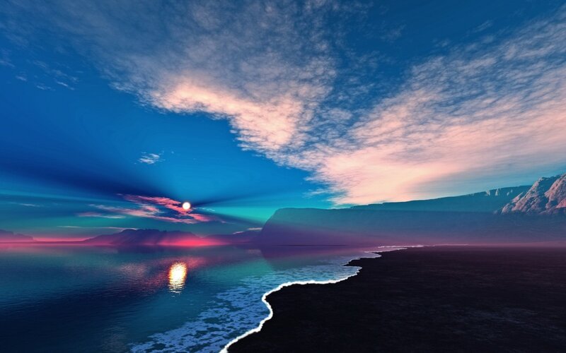 Sunset over Alien Coastline — Blue, Dramatic