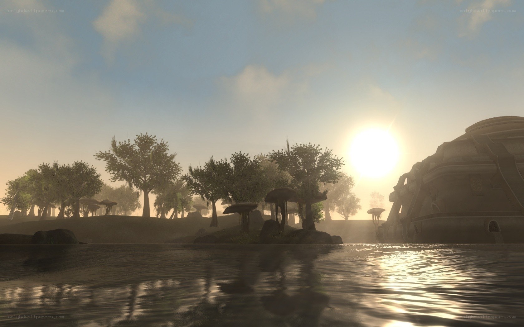 sunset over alien landscape