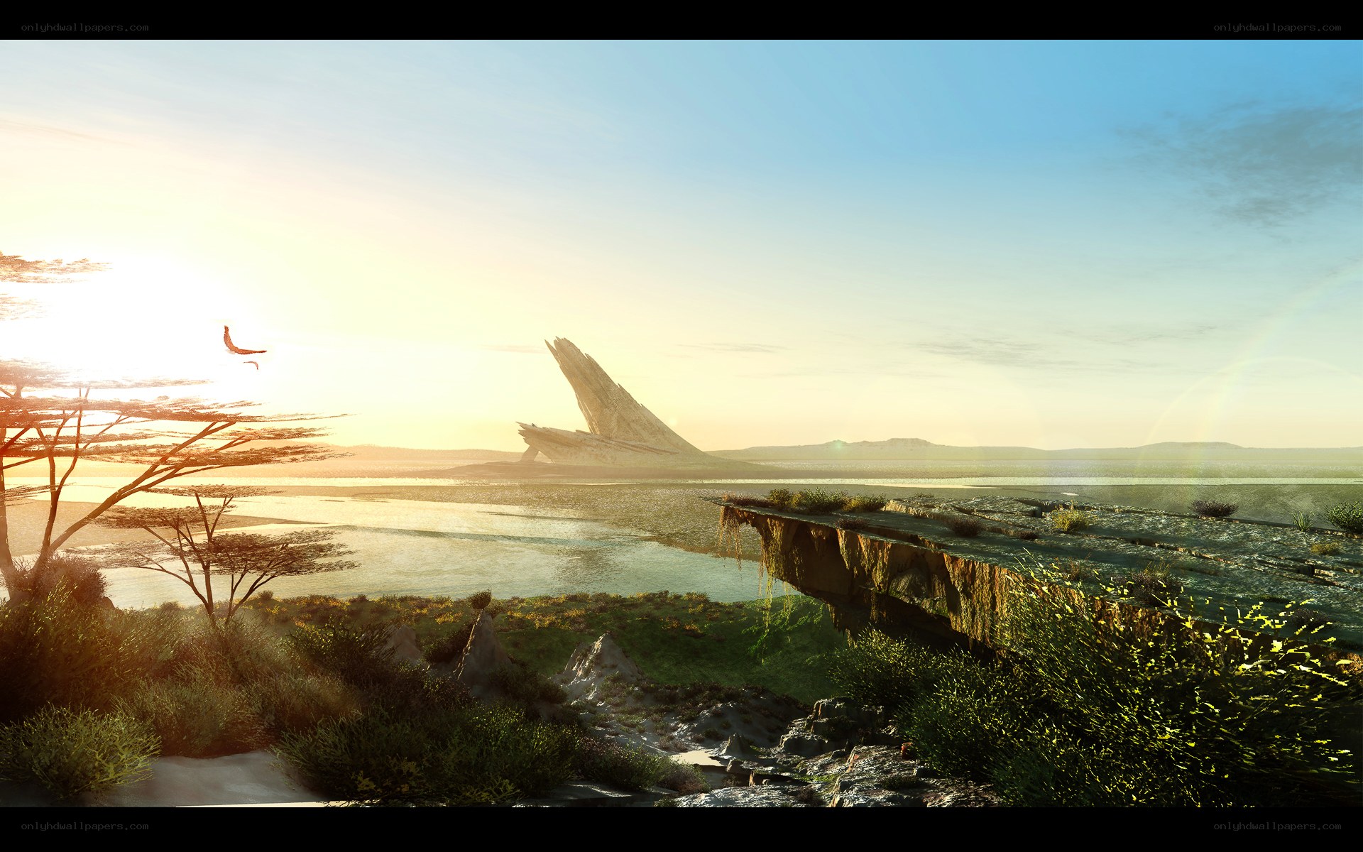 sunset over alien landscape