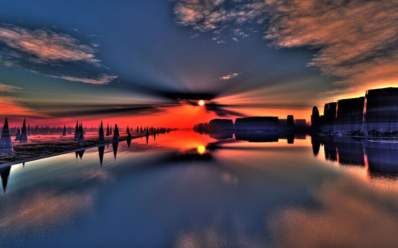 sunset over alien landscape