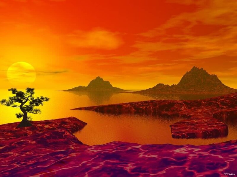 Sunset over Alien Landscape — Orange, Dramatic, Digital Art