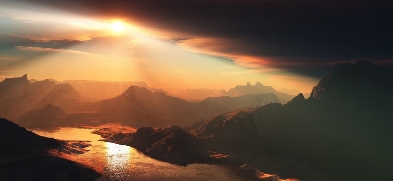 sunset over alien mountains